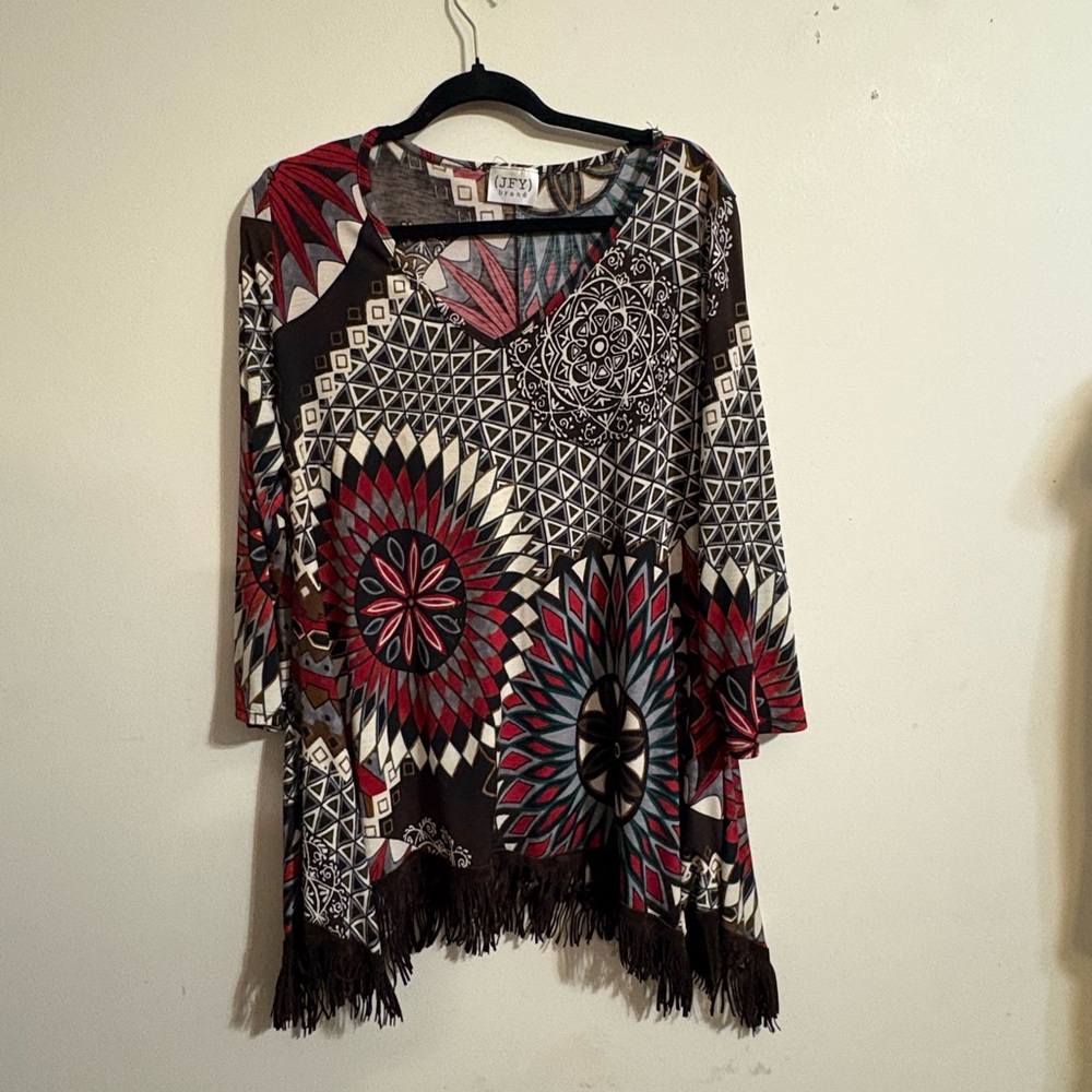 JFY Women’s Large bohemian-style‎ fringe tunic top Floral Geometric Fringe Hem